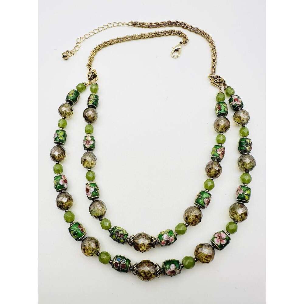 Vintage Double Strand Cloisonné Green Glass Bead Necklace 21”